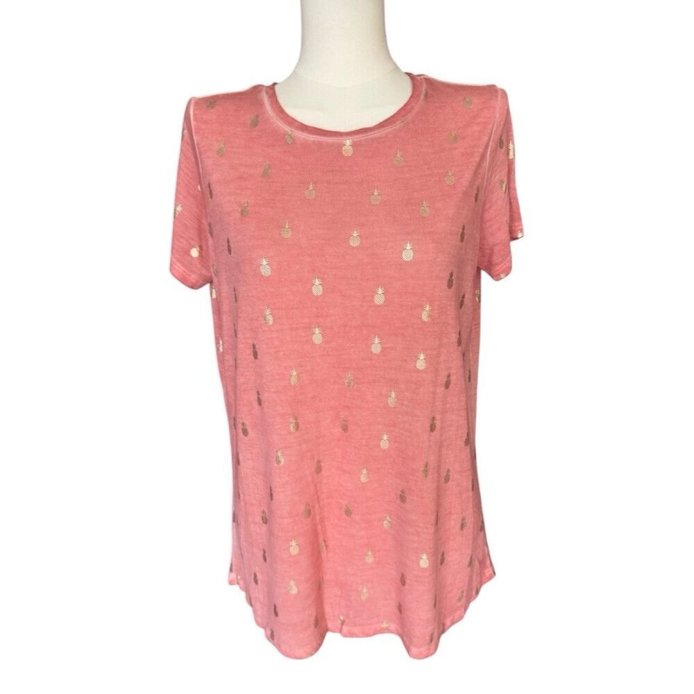Dantelle Round Neck Short Sleeve Gold Pineapple Pullover Tee Top Women's Sz M